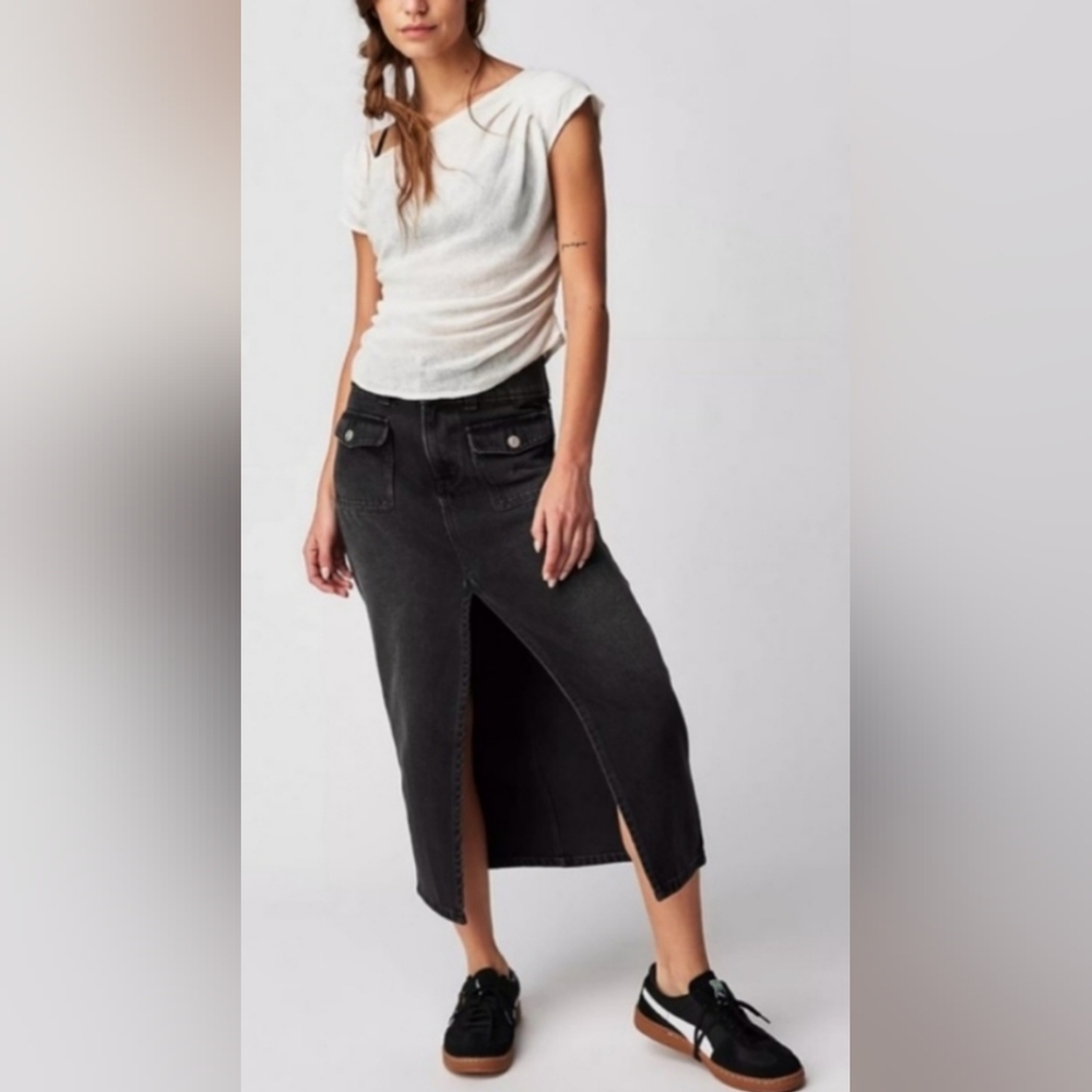Free People Madison Midi Hi-Slit Skirt Black Stretch Denim Size 29